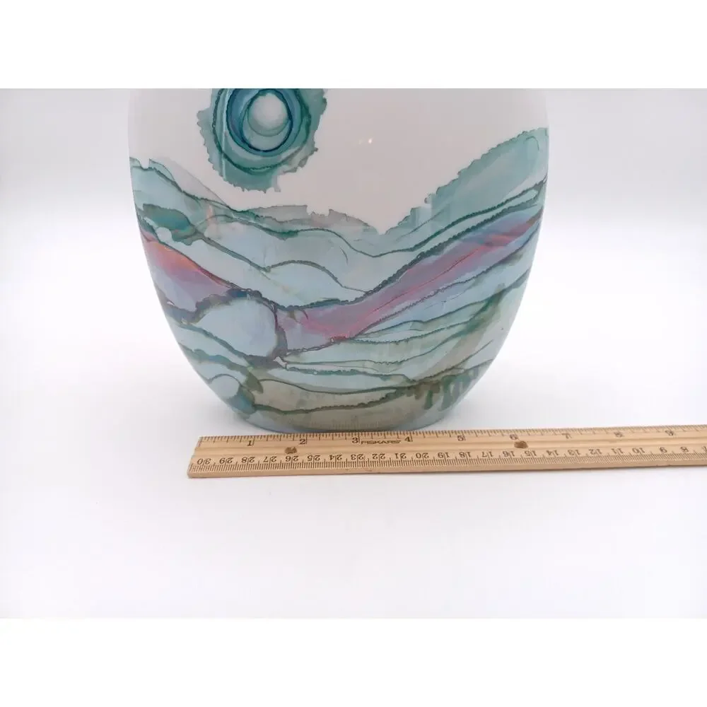 Pottery Watercolor Vase Luster Ware Gold Rim Abstract Ceramic Green Oval Narrow